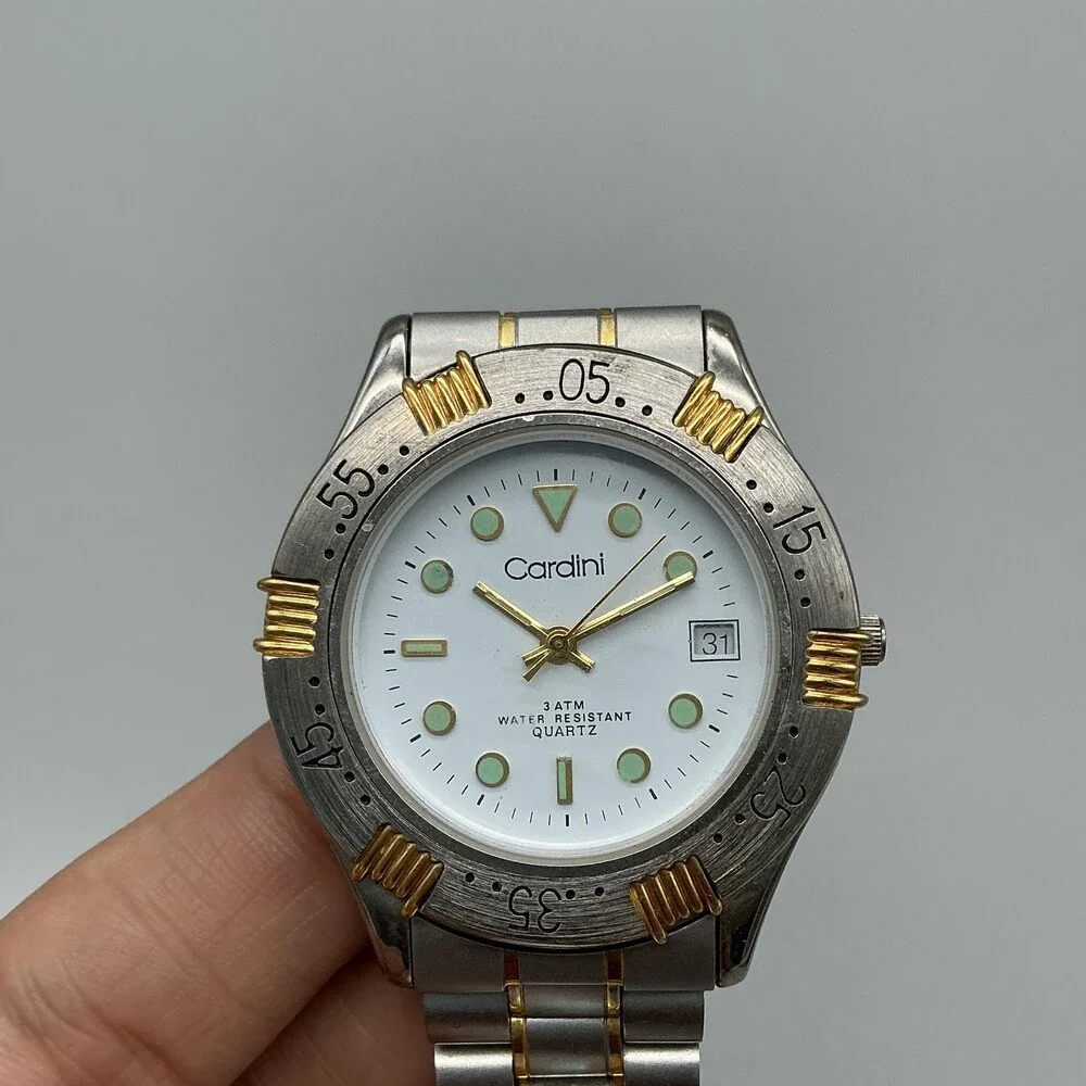 Cardini Mens Watch 40mm White Dial Silver Gold Tone Date New Battery 7.25